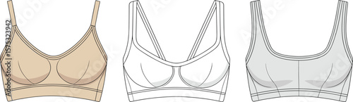 Women's seamless bra flat sketch, front and back views, comfortable design, wirefree, supportive, technical fashion drawing for apparel design