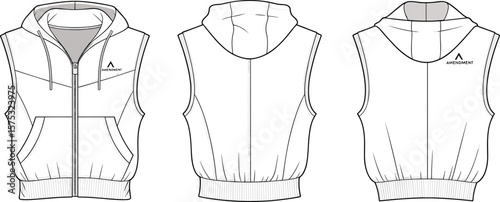 Men’s hooded sleeveless vest flat sketch, front and back technical drawing, zipper pocket, ribbed hem fashion design template illustration