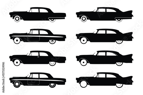 Classic Car Silhouettes: A collection of eight distinct classic car silhouettes, elegantly rendered in black against a white background.