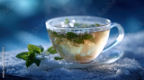 Iced Mint Tea in a Glass Cup on Snowy Surface