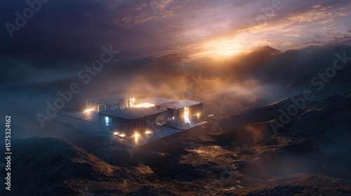 Glowing Geometric Structure in Misty Mountain Sunset