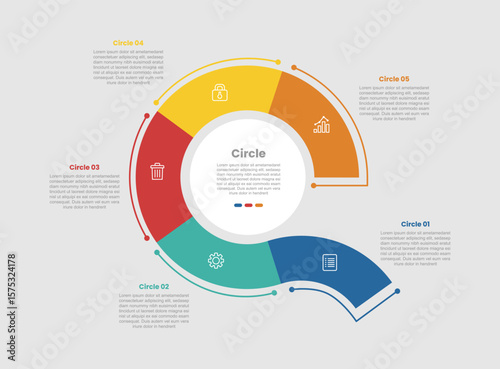 circle shape infographic diagram with round circle with pie chart donut chart with 5 step for slide presentation