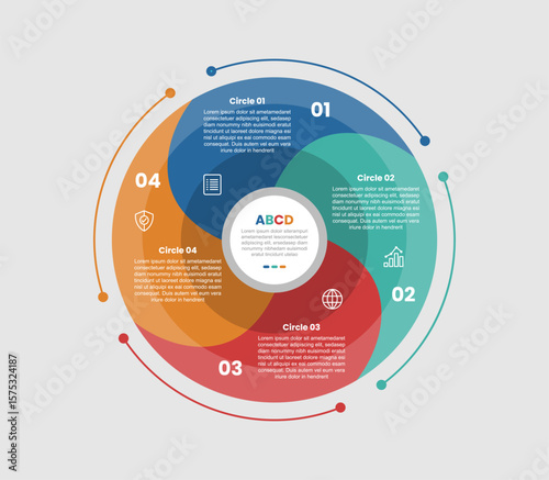 circle shape infographic diagram with wave circle cycle like fan propeller with 4 step for slide presentation