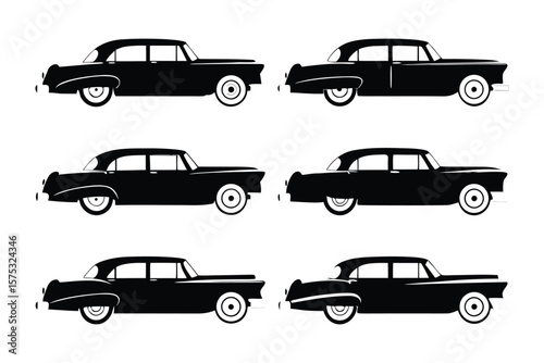 Vintage Car Silhouette Collection: A captivating set of black vintage cars. These iconic vehicles, with their sleek silhouettes and classic designs.