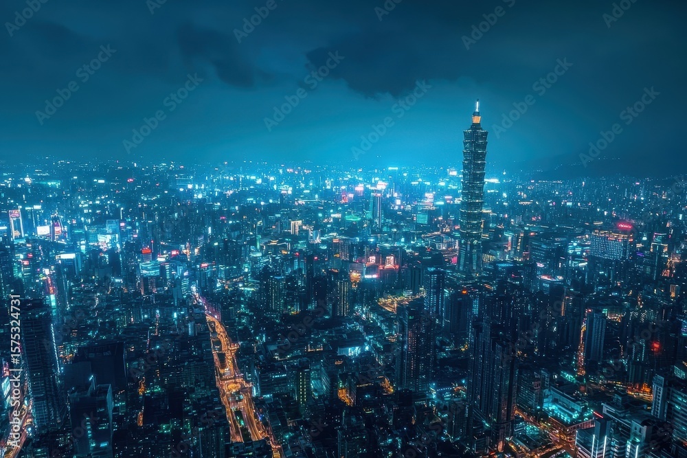 Naklejka premium Nighttime view of Taipei city with illuminated skyscrapers and prominent tower, night illumination taipei cityscape famous tower aerial panorama timelapse taiwan