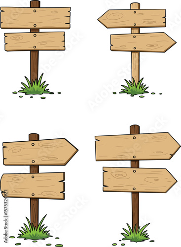 Wooden signpost vector illustration with direction arrows, cartoon road signage, empty wooden signs for map, navigation, game or design