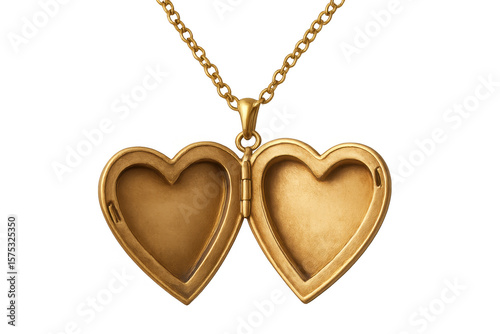 Golden heart-shaped locket dangling on delicate chain, open and vacant, symbolizing personal storytelling against transparent backdrop