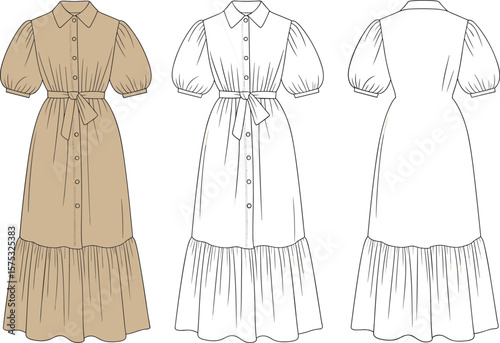Long puff sleeve tiered dress flat sketch with belt, front and back view, fashion technical design for garment illustration