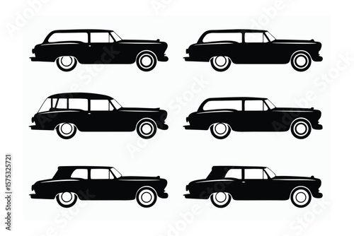 Classic Car Silhouette Set: A stylish collection of black silhouette vintage cars, each exuding timeless elegance and representing the golden age of automotive design.