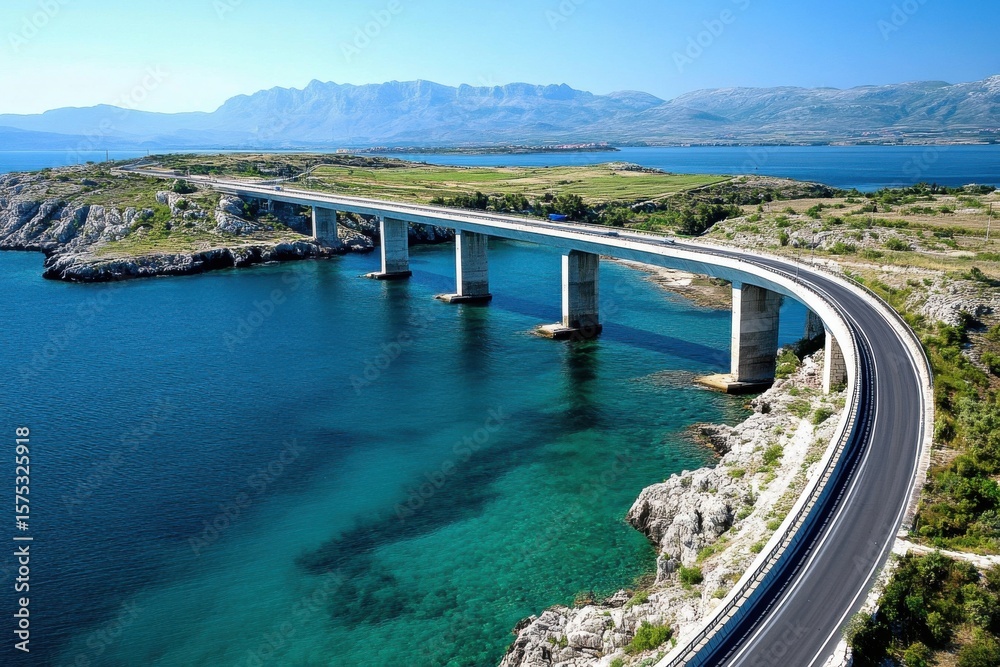 Obraz premium Stunning aerial view of Krk Bridge over tranquil blue waters and scenic landscapes, Krk Bridge over the sea, aerial shot