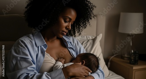 Tender Moment: Mother Breastfeeding Baby in Soft, Warm Bedroom Light