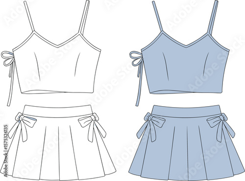 Trendy girls crop top and pleated mini skirt with side bows, fashion flat sketch, summer outfit technical drawing template