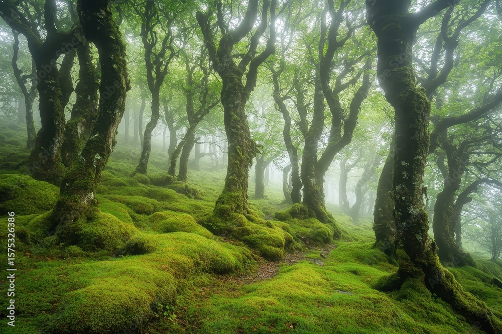 Fototapeta premium Mysterious cursed woodland enveloped in thick mist at dawn, Scary Cursed Woodland With Thick Mist