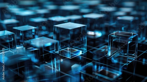 Abstract digital art with blue glowing cube and particles. Digital artwork of transparent cube with glowing blue color and dark background. Technology innovation and data visualization concept. AIG53.