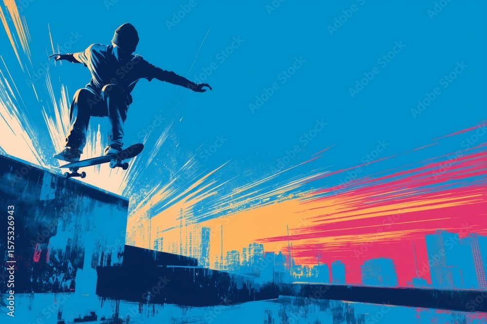 Obraz premium Skateboarder performing a trick in an urban setting, captured with vivid blue and orange hues, conveying energy and motion.