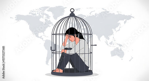 Caged Woman: Depressed Figure Trapped in Metal Birdcage, Head in Hand