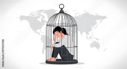 Depressed Woman Inside a Cage, Illustrating Confinement and Mental Health Struggles.