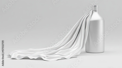 Elegant draped fabric surrounding a metallic bottle.