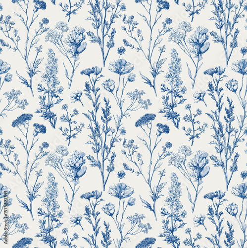 Seamless Pattern Blue and White Hand Sketched Wild Flowers with Delicate Ink Linework on Textured Paper Background 