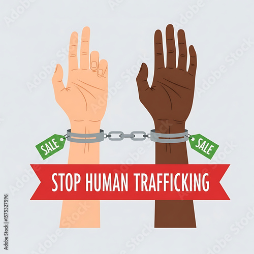 Diverse Hands Shackled with Sale Tags: Human Trafficking Awareness Illustration