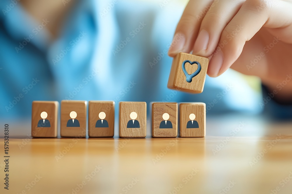 Naklejka premium Hand Placing Heart Icon Wooden Block Among Team Member Blocks on Wooden Tabletop