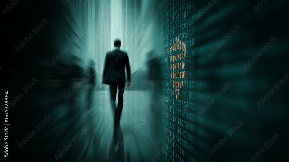 Businessman Walking Through Digital Corridor Representing Technology and Innovation Businessman Walking Through Digital Corridor Representing Technology and Innovation