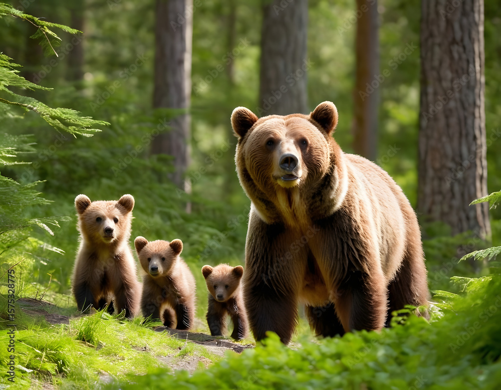 Obraz premium Adorable brown bear mother and cubs roam freely in a sun-dappled forest, surrounded by lush greenery, showcasing tender family bonding in a serene wilderness setting. Background with the bear family.