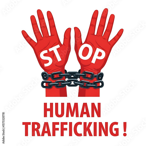 Red Hands with "STOP" Text and Chains: Human Trafficking Awareness