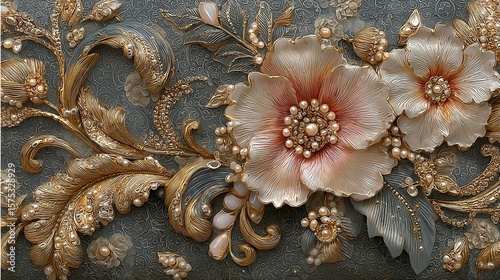 3D Wallpaper with Grey Background Featuring Gold, Silver, and Pink Floral and Baroque Elements, Decorated with Small Diamonds and Pearls