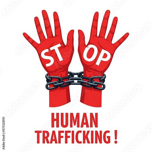 Red Hands with "STOP" Text, Chained, Symbolizing Human Trafficking Awareness.