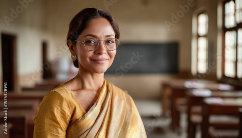 indian middle aged woman teacher standing a front of blackboard