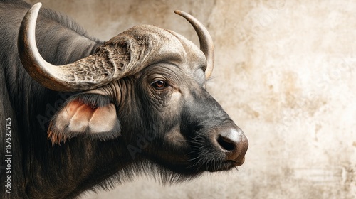 Close-Up Portrait of a Majestic Water Buffalo Against a Rustic Background