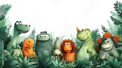 Colorful Cartoon Dinosaurs in a Lush Green Jungle Setting with Tropical Plants