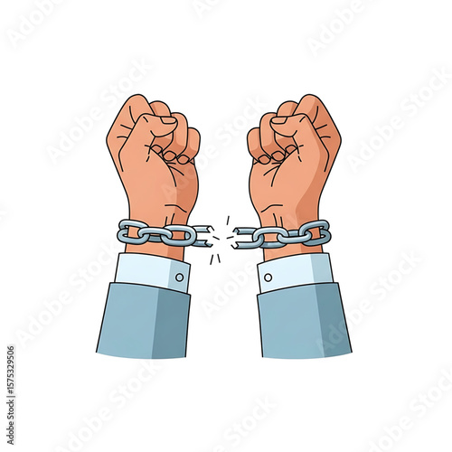 Two Hands Breaking Chain, Symbolizing Freedom and Liberation, Vector Illustration.