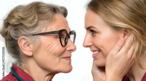 Emotional Connection Between Generations in Portrait of a Young Woman and Elderly Lady