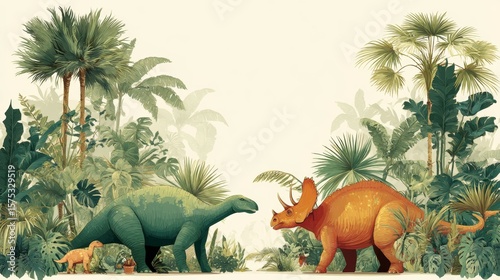 Colorful Dinosaurs in a Lush Tropical Jungle Setting with Exotic Plants and Foliage