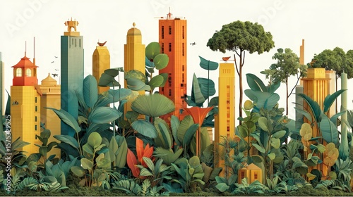 Vibrant Metropolis Surrounded by Lush Greenery and Bold Architectural Elements