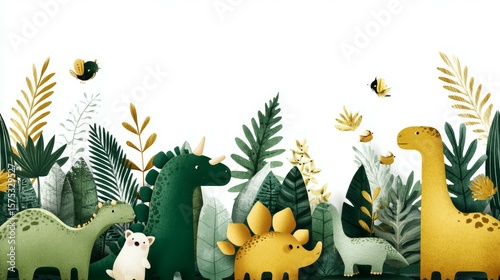 Colorful Cartoon Dinosaurs Surrounded by Green Leaves and Tropical Plants Illustration