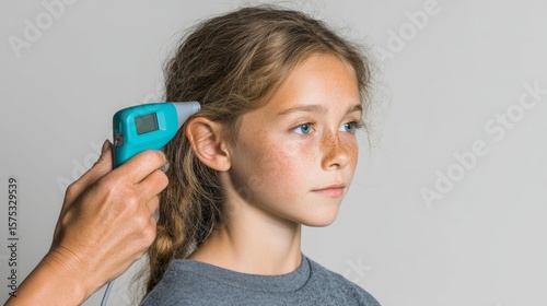 Child Receiving Ear Examination with Digital Thermometer in Healthcare Setting