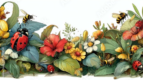 Colorful Garden Scene with Flowers, Bees, Ladybugs, and Insects in Natural Habitat