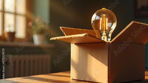A glowing Edison bulb emerges from an open cardboard box, symbolizing innovation and bright ideas within a cozy, warm interior setting