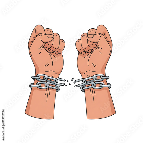 Two Fists Breaking Free from Metal Chains, Symbolizing Liberation