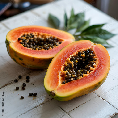 Two halves of a ripe papaya showing orange flesh and black seeds