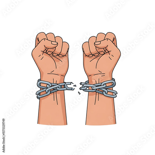 Two Fists Breaking Chain, Symbolizing Freedom and Liberation, Vector Illustration.
