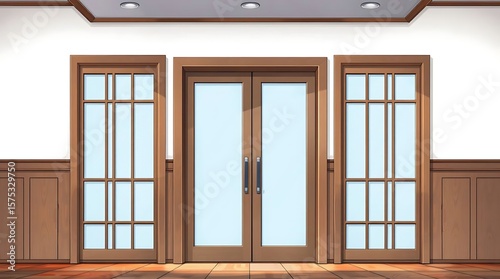 Wallpaper Mural Hallway showcasing wooden doors, glass inserts, and coordinated paneling Torontodigital.ca