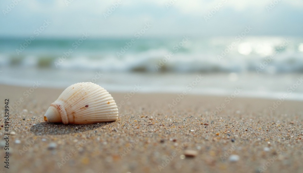 Obraz premium Tranquil seascape featuring a seashell resting on the sandy beach near the ocean waves.