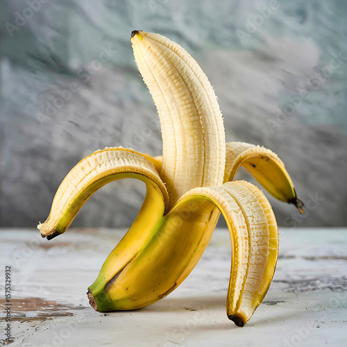 A peeled ripe banana with its skin pulled back