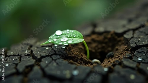 New Sprout Growing in Arid Land with Water Drops Macro View