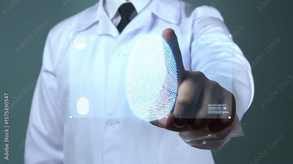 biometrics in medicine of the future body of person dressed in white doctors coat extends his arm