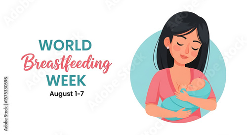 Cartoon Mother Breastfeeding Baby Wrapped in Blue, Eyes Closed, Pink Shirt